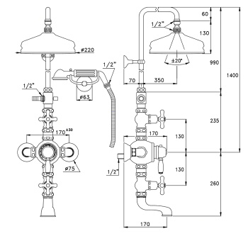 Душевой комплект Stella Roma IS3274/33-220: термостатический смеситель с изливом для ванны, штанга+ручной+верхний душ 220 хром RM 06150 CR00