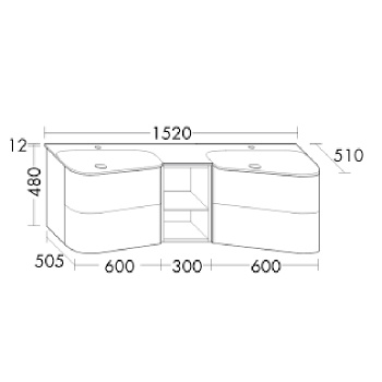 BurgBad Badu База подвесная с двойным умыв. из минер литья 152х51х49.2см, 4 ящика, 1полка, 2 отв под смеситель, цвет: серый/глянец/Gold SFUJ152K0521T0015C001*2