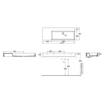 Раковина подвесная Azzurra Elegance Squared 122х46х12,5 без отв. версия левая, под смеситель, белый ELLP12246LQ0BI*0