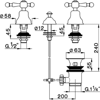 Смеситель для биде Cisal Arcana America на 3 отверстия без излива, с донным клапаном, золото AA00121024