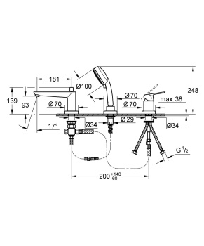 Готовый комплект для ванной комнаты GROHE, cмеситель для ванны BauEdge и ручной душ Tempesta Cosmopo
