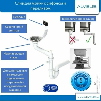 Одинарный Сифон для мойки Alveus FI 114 c переливом ECO, NEW,