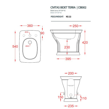 Биде напольное Artceram CIVITAS 36х54, с крепеж. с 1 отв под смес, белый CIB002 01 00