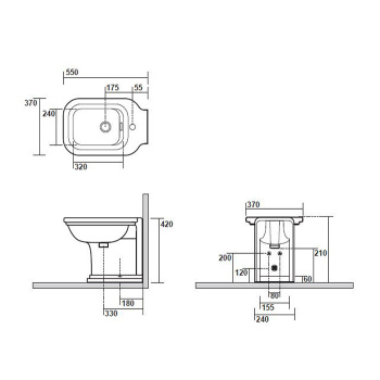 Биде напольное пристенное Kerasan Waldorf 55х37, с 1 отв под смеситель, черное, заглушки хром 4121K4nero/cr*1