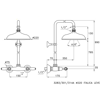 Душевой комплект Stella Italica Leve 3283/301/314A-220: смеситель, штанга+верхний душ 220 хром IL 02412 CR00