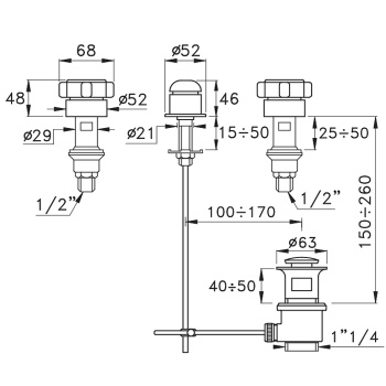 Смеситель для биде Stella Aster на 3 отверстия 3600, без излива, с донным клапаном, хром AT 00200 CR00
