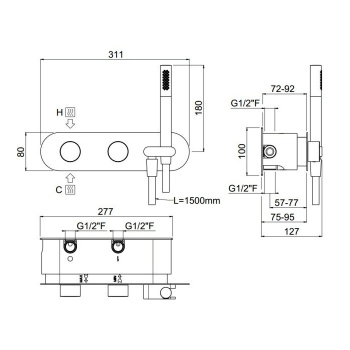 Встраиваемая часть для горизонтального прогресивного смесителя c держателем для душа Carimali 3 выхода, хром W21939CR