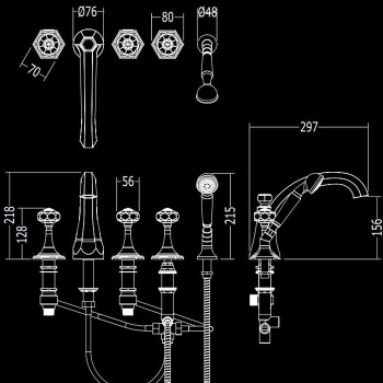 Смеситель на борт ванны Devon&Devon Excelsior Gemstone с 5 отверстиями переключателем и душем блестящий никель EXC-GM150NK