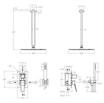 Смеситель для душа Ramonsoler Prisma встраиваемый на 2 выхода с тропическим и ручным душем графит K4215021GR