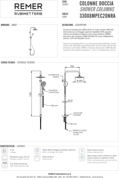 Душевая система Remer с ручным душем и шлангом и верхним душем хром (CR) 330X8MPEC20NRA