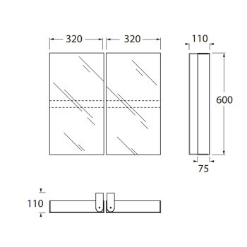 Зеркальный шкаф - двухстворчатый с внутренними полочками Azzurra Mirror Book 6400xh600x110, открывание на 180 градусов., MB 32D