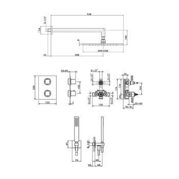 Комплект для душа Cisal Wave термостатический смеситель с переключ, верхн душ с настен держ, ручн душ с держ и подводом воды, Nichel Spazzolato WE0KT0102F