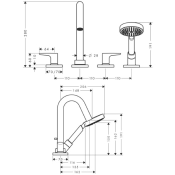 Axor Citterio M, Смеситель на край ванны, на 4 отверстия, с рычаговыми рукоятками, внешняя часть, цв