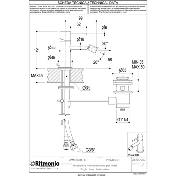 Смеситель для биде Ritmonio Diametro35 S брашированный хром PR52BA101IX