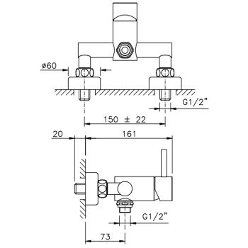 Смеситель для душа Nicolazzi Olympus на 2 отверстия, настенный, вывод снизу 1/2 , хром 3705CR