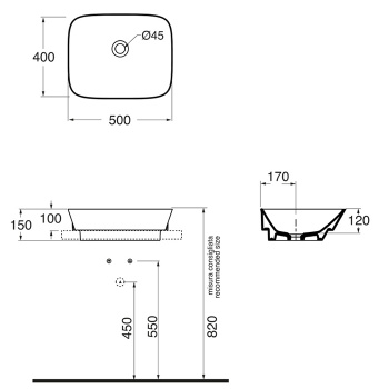 Раковина накладная Azzurra Prua 50х40хh15см без отв. под смеситель, белый PRLN05040000BI/(PRU50/IN bi)*0
