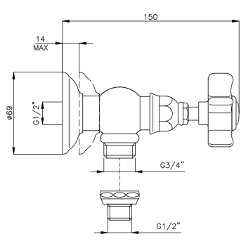 Запорный вентиль для стиральной машины Nicolazzi P.M.Blanc 3/4 вкл. внутр часть, золото 1447GB78
