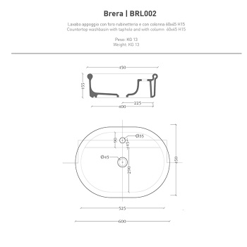 Раковина накладная Artceram Brera 60х45х15.5, без отв., белый глянцевый BRL002 01 00