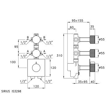 Внешняя часть встраиваемого термостатического смесителя Stella Sirius на 2 источника. черный матовый PVD SR06013PV17