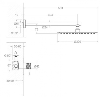 Смеситель для душа Ramonsoler Odisea встраиваемый на 1 выход с тропическим душем joya графит K5918013GR