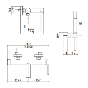 Смеситель настенный для ванны Gattoni Circle One с ручной лейкой на держателе, хром 9000/90C0