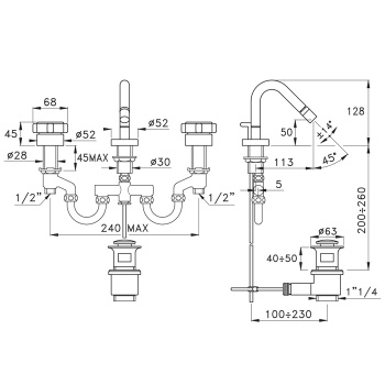 Смеситель для биде Stella Aster на 3 отверстия 3605, с донным клапаном, хром AT 00205 CR00