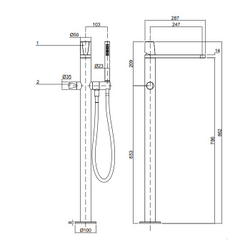 Смеситель для ванны Antonio Lupi Indigo напольный, с ручным душем, на 1 отв., излив: 285, графит А0002423788