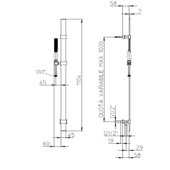 Bossini Apice Душевая штанга FLAT из латуни 110см., душевая лейка ,шланг Cromolux 150см, цвет: черный матовый D48088.073