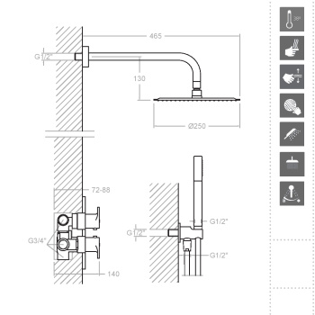 Смеситель для душа Ramonsoler Alexia встраиваемый термостатический с тропическим и ручным душ золото K3687011OC
