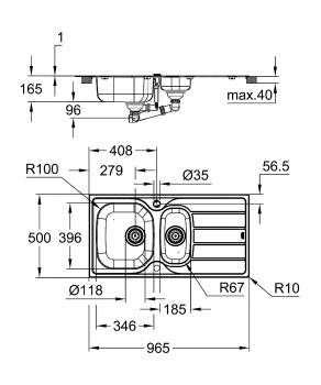 Мойка K200 60-S 96.5/50 1.5 оборачиваемая с корзинчатым вентилем, нержавеющая сталь 31564SD1