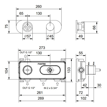 Смеситель настенный встраиваемый Fantini Fontane Bianche термостатический, с переключателем на 2 положения, Matt Gun Metal PVD 47 P5 P372B