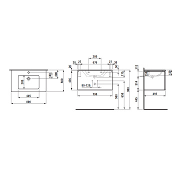 Laufen PRO S комплект: шкафчик с раковиной на 1 отв, 800х500х460 мм, с раковиной Slim 800 мм, 1 внутр. ящик, вкл.орган.для ящика, белый глянцевый