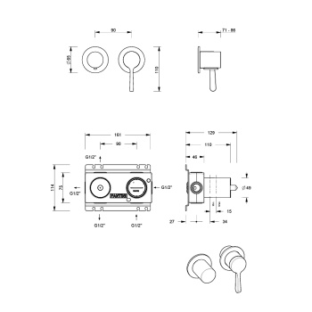 Смеситель для душа Fantini Torino на 3 выхода хром, наружная часть, 58 02 L989B