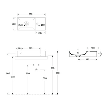Раковина накладная Alice Spy 55x25хВ11, с отверстием под смеситель, белый глянцевый, 34100101
