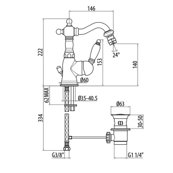 Смеситель для биде с высоким изливом Gattoni Orta с белой ручкой, с донным клапаном, 2751/27C0 OLD
