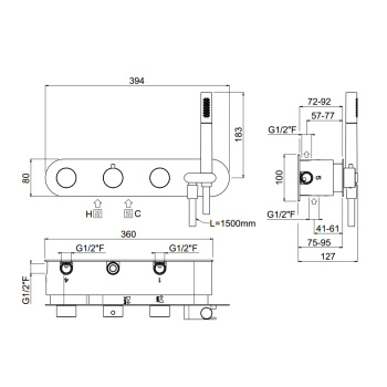 Встраиваемая часть для горизонтального термостатического смесителя c держателем для душа Carimali 4 выхода, хром (аналог W5102) W21849CR