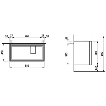 Laufen Kartell Тумба под раковину880x450x600 мм, 2 ящика + орган для ящика, подходит для  810339, с полочкой слева, белый матовый