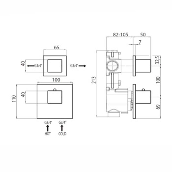 Bossini Rectangular Термостат для душа, встраиваемый, с девиаторм/запорным вентилем на 1 или 2 выход
