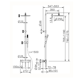 Настенная душевая система Cisal Less New термостатический смеситель для душа,верхний душ,ручной душ с держателем и шлангом, хром LNC8402D21