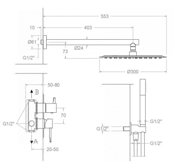 Смеситель для душа Ramonsoler Odisea встраиваемый на 2 выхода с тропическим и ручным душем медь K3915122CUC