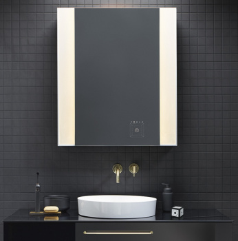 Burgbad RL40 Зеркальный шкаф 60х15х80см., 1 зерк. дверь с обоих сторон, 2 стеклянные полки,версия левая, Smart-Home-System, 2 розетки     SPQW060L