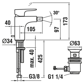 Laufen Cityplus смеситель для биде однорычажный, фиксированный излив 105 мм, с донным клапаном, цвет хром
