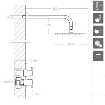 Смеситель для душа Ramonsoler Drako встраиваемый термостатический с тропическим душем K3324012
