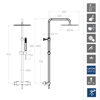 Душевая система Ramonsoler Alexia термостатическая без излива с регулировкой высоты 365412RM250NM