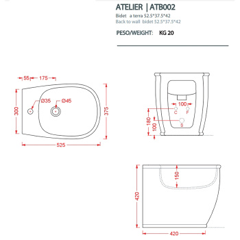 Биде напольное Artceram Atelier 52,5х37,5хh42, с 1 отв под смеситель, белый ATB002 01 00 *1