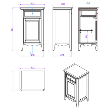 Тумба под раковину Tw Veronica 50.2/45x40/37.4xh86.7, 1 распашная дверка 1 выдвижной ящик, доводчики Blum, петли слева-SX,, bianco, ручки riflesso бронза VER2150S-B