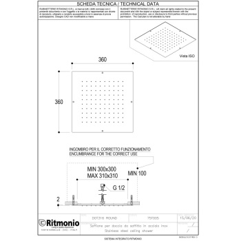 Верхний душ Ritmonio Shower 36х36 см нержавеющая сталь 75T005INOX