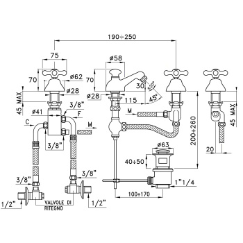 Смеситель для биде Stella Roma на 3 отверстия 3601TC, с донным клапаном, хром RM 00202 CR00