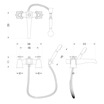 Смеситель на борт ванны Devon&Devon Time на 2 отв с ручной лейкой и шлангом светлое золото 2TIME233BOT