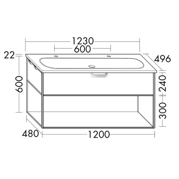 Burgbad Vry Комплект мебели 1230х496х600 мм, подвесной, 1 ящик, 1 полка, раков белая глянц с 2 отв д